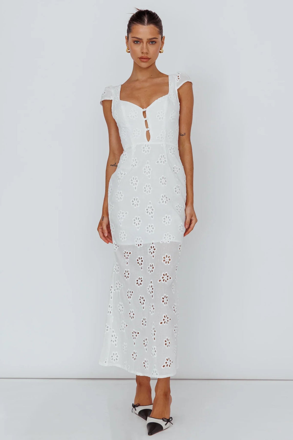 White Midi Dress with Eyelet Cap Sleeve Sweetheart