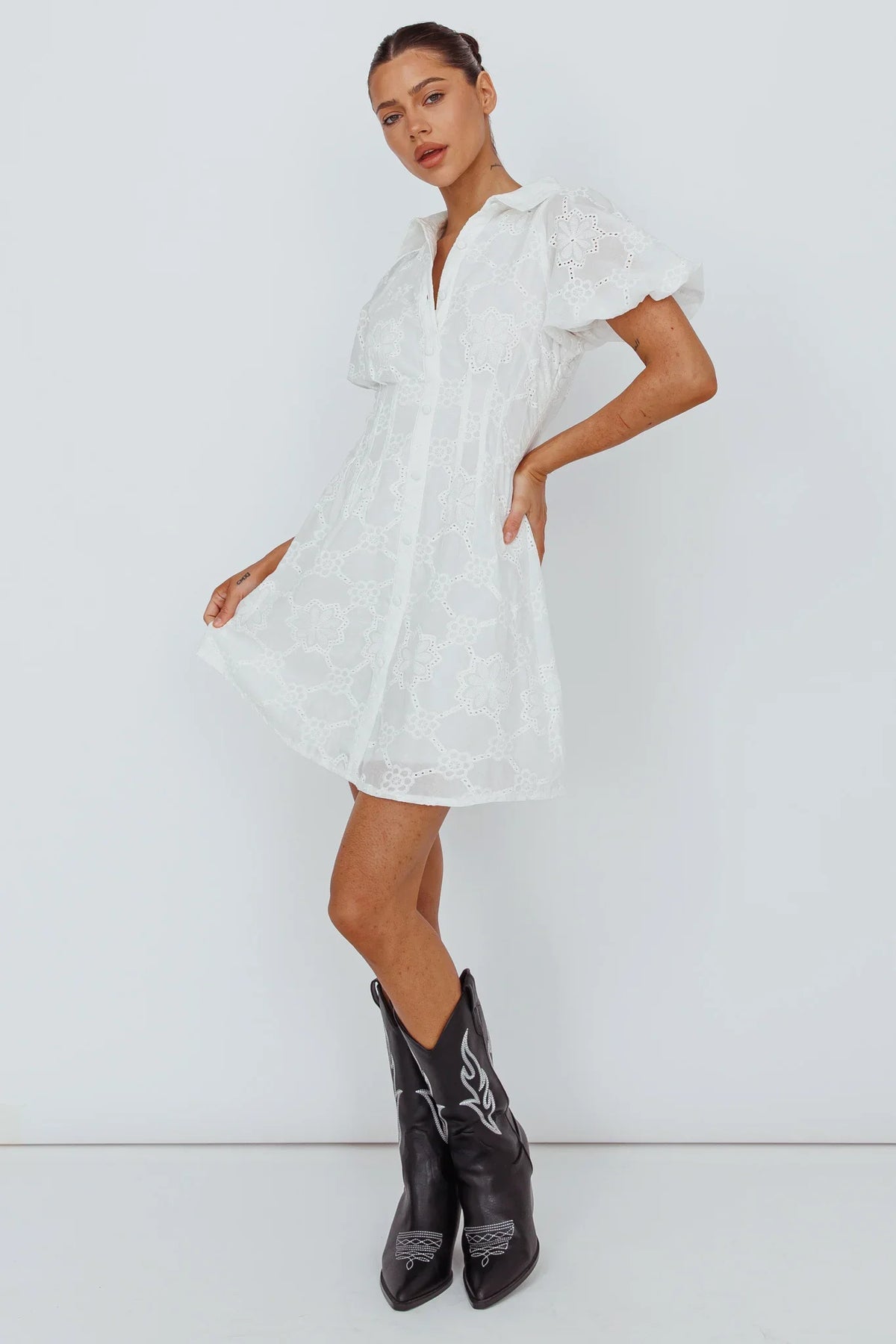 White Mini Shirt Dress with Eyelet Lace Puff Sleeve