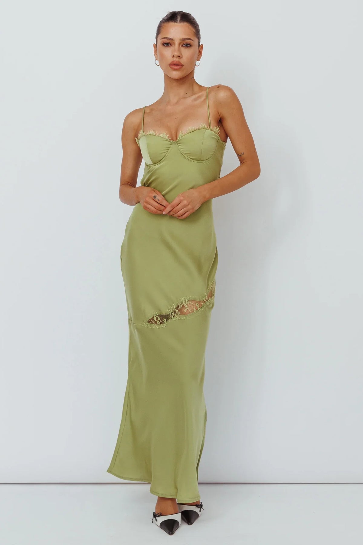 Lime Midi Dress with Bustier Lace Trim
