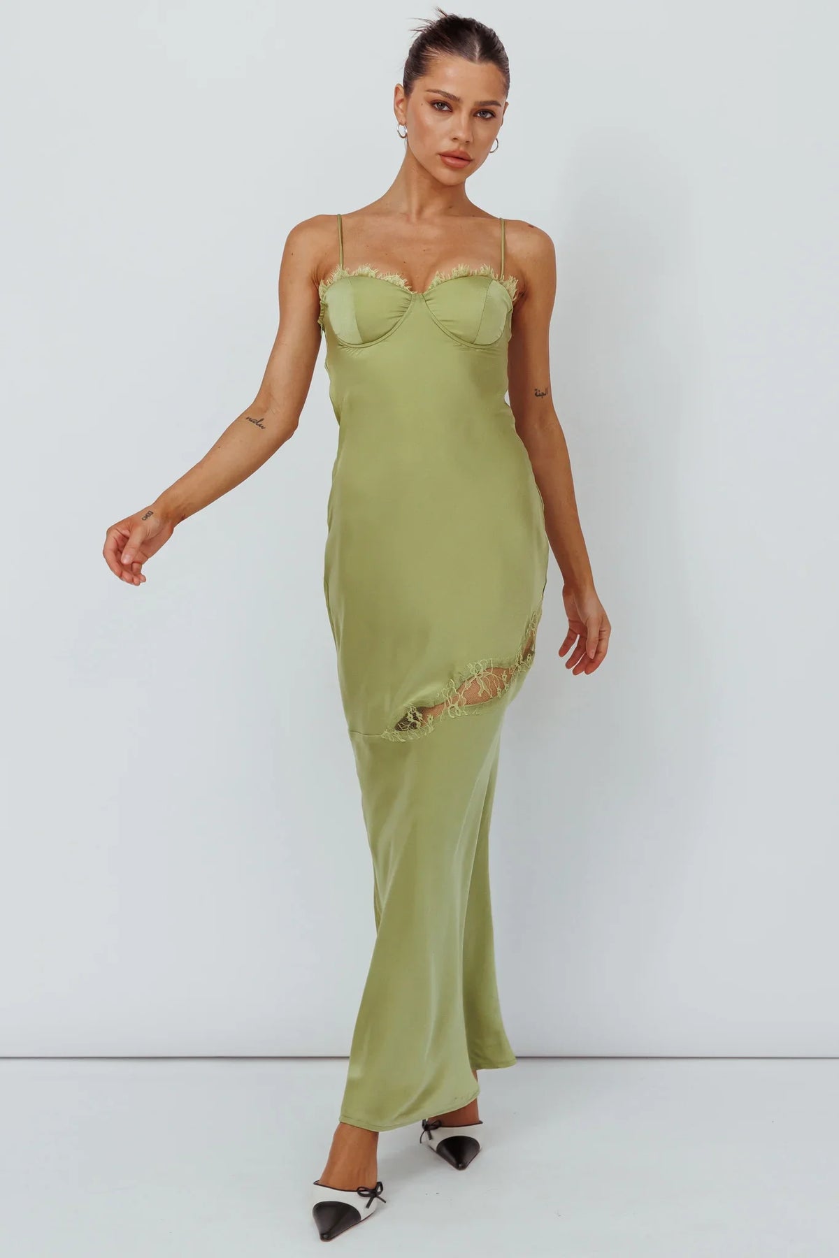 Lime Midi Dress with Bustier Lace Trim