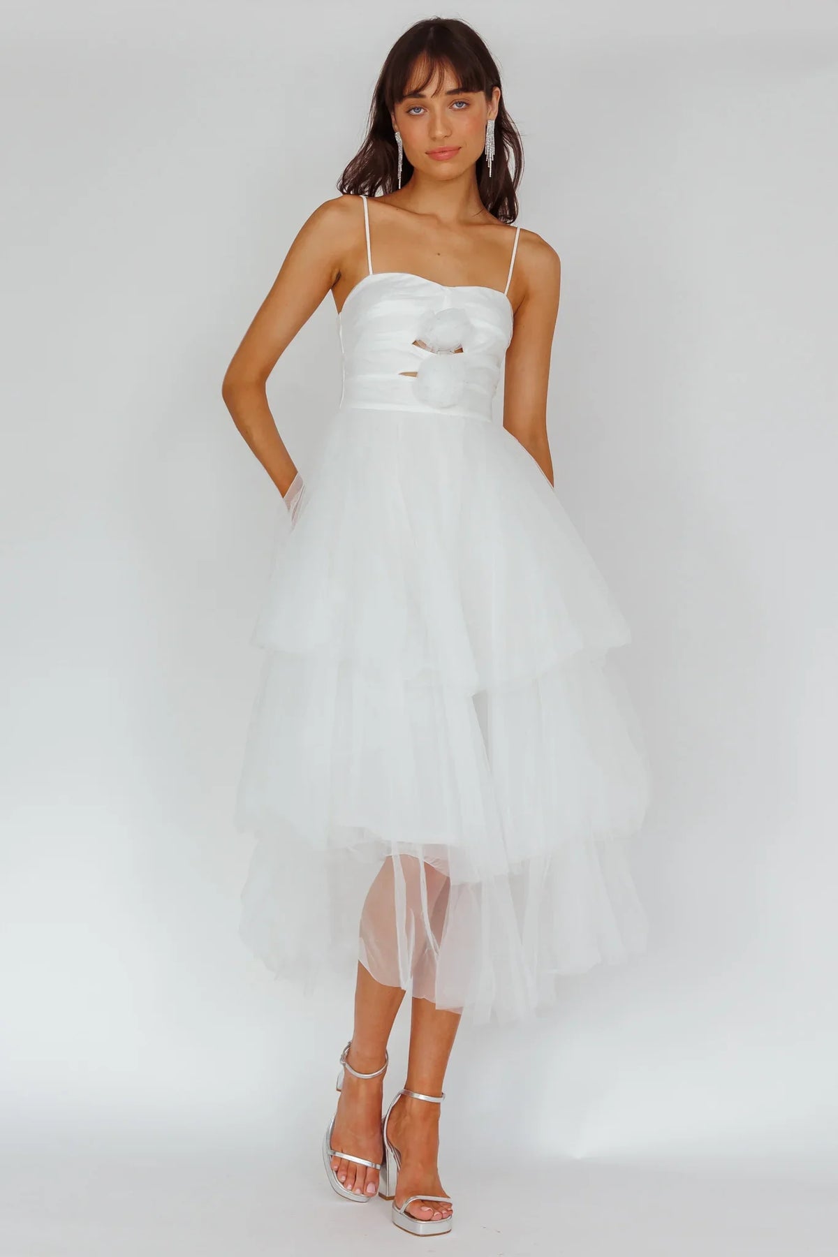 White Midi Dress with Rosette Cutout Tiered Tulle