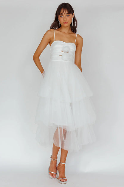 White Midi Dress with Rosette Cutout Tiered Tulle