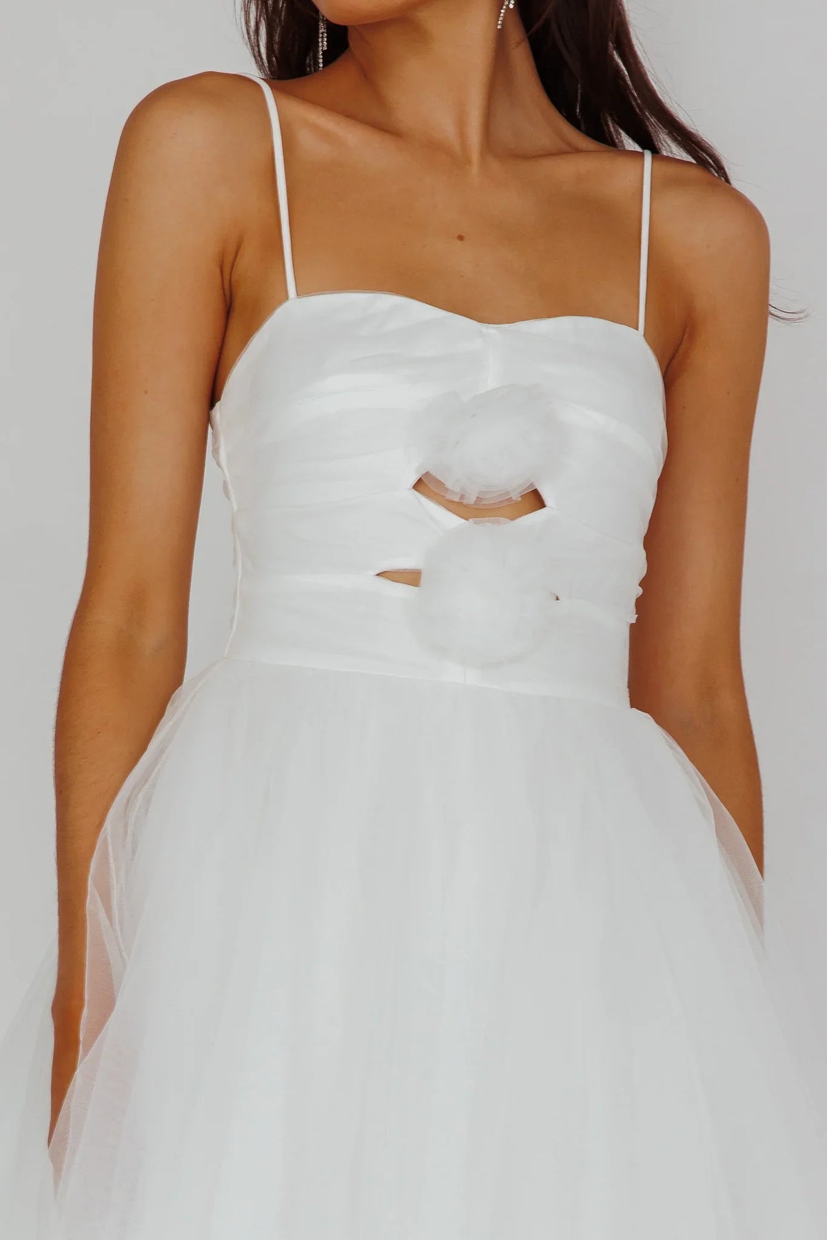 White Midi Dress with Rosette Cutout Tiered Tulle