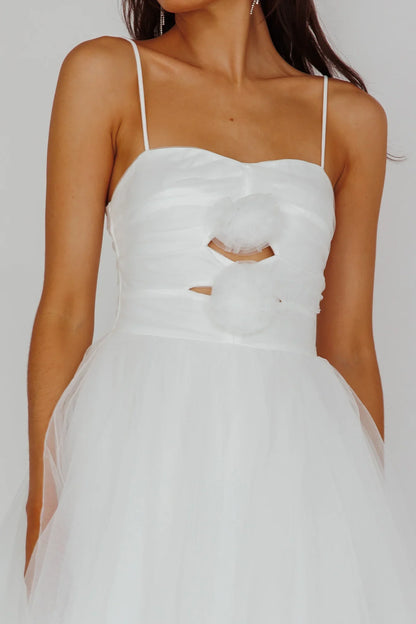 White Midi Dress with Rosette Cutout Tiered Tulle