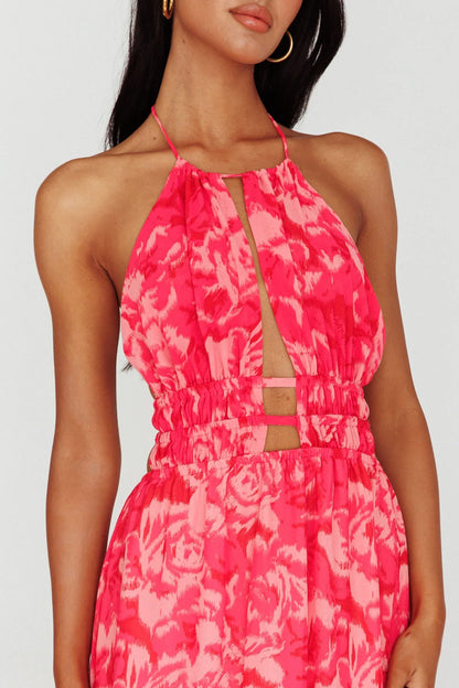 Cyndi Open Back Halterneck Maxi Dress Floral Pink