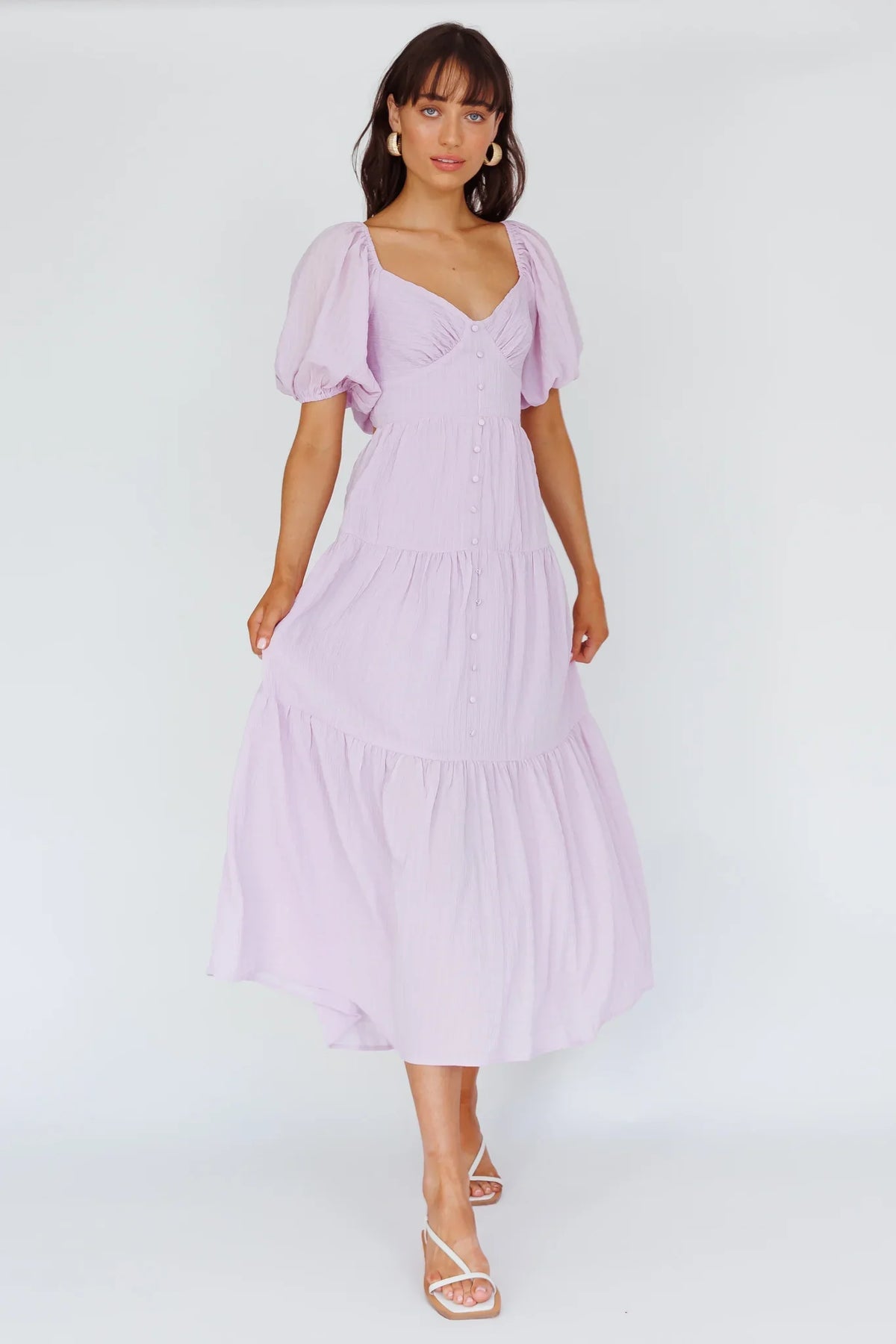 Lilac Midi Dress with Puff Sleeve Button Front
