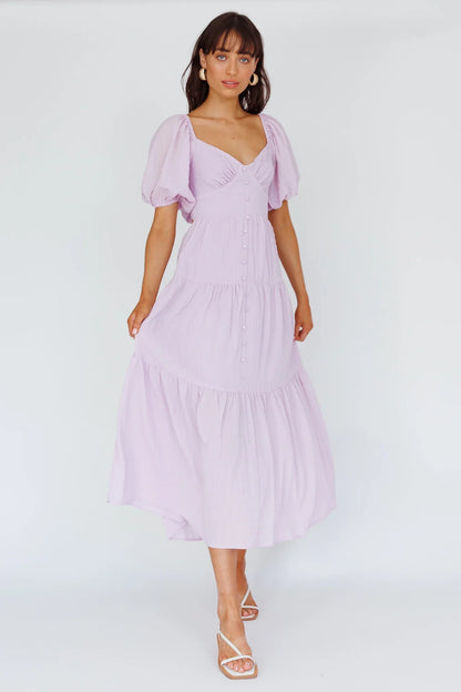 Lilac Midi Dress with Puff Sleeve Button Front
