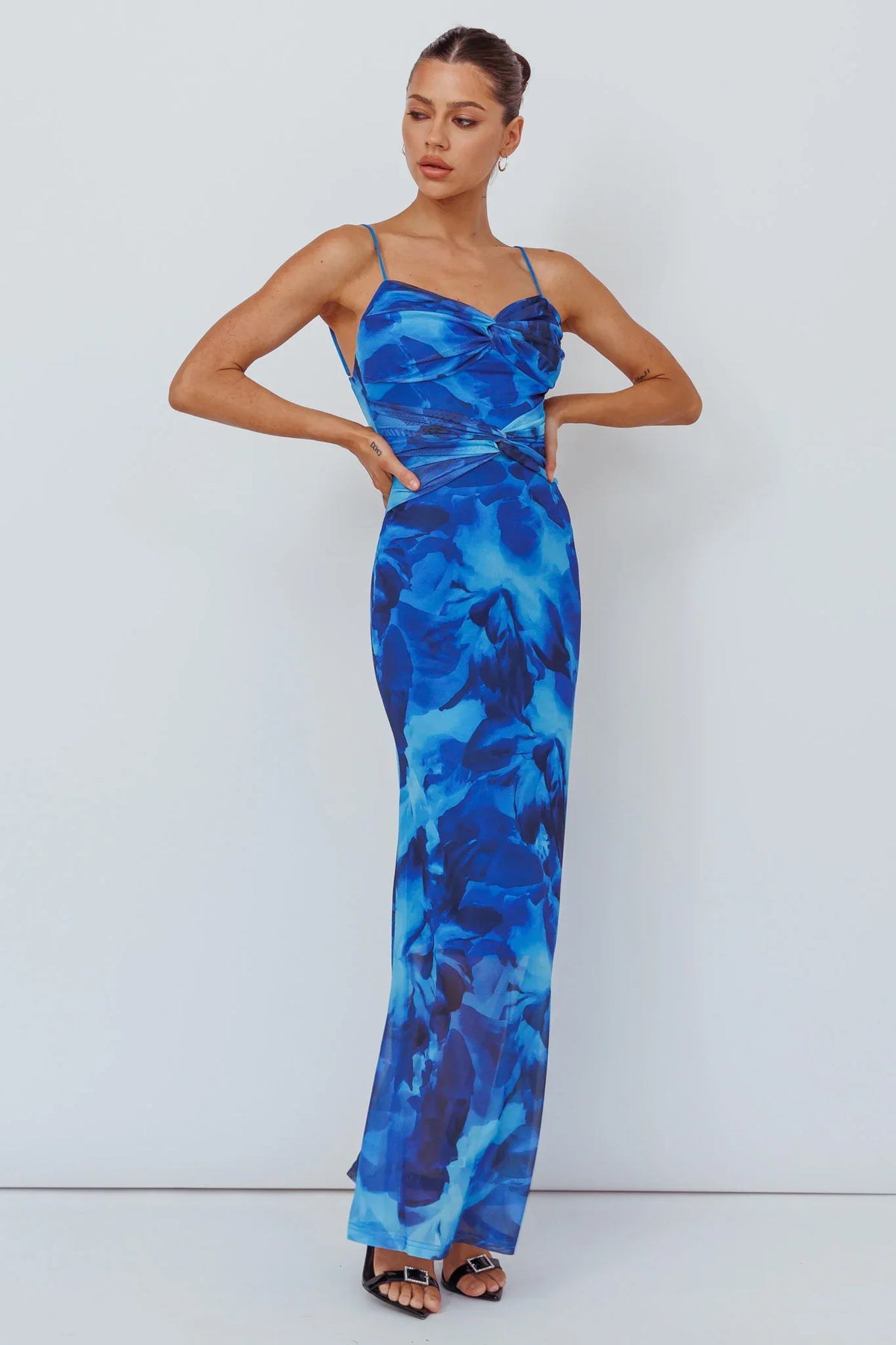Blue Floral Maxi Dress with Twist Front Cami Strap