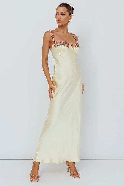 Rose Garden Floral Applique Midi Dress Yellow