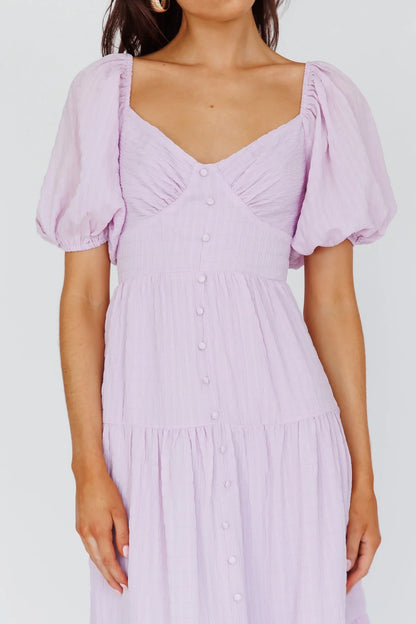 Lilac Midi Dress with Puff Sleeve Button Front