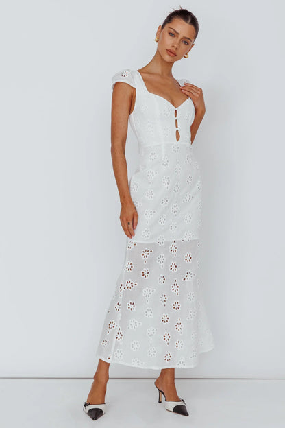 White Midi Dress with Eyelet Cap Sleeve Sweetheart