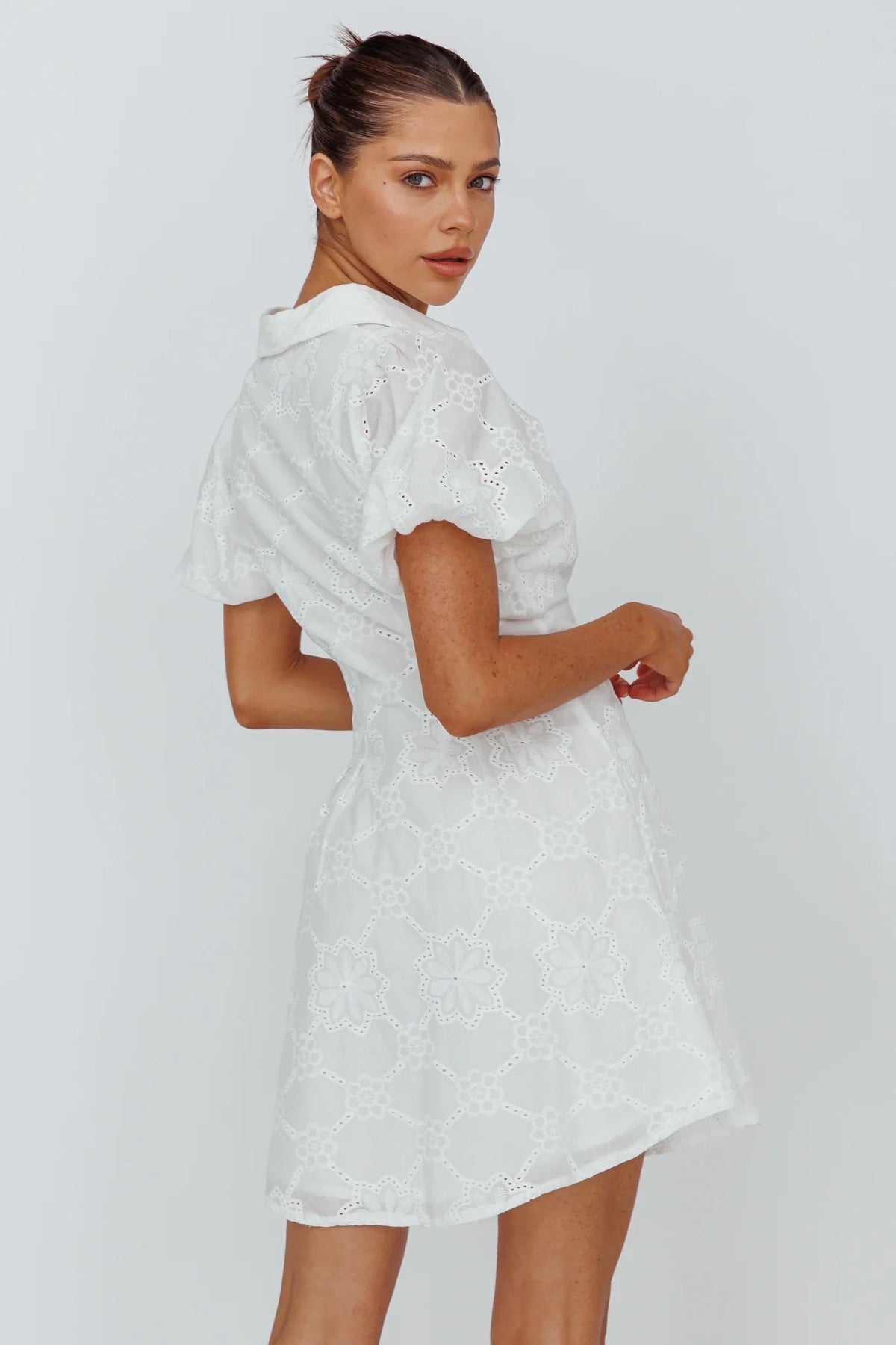 White Mini Shirt Dress with Eyelet Lace Puff Sleeve