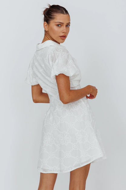 White Mini Shirt Dress with Eyelet Lace Puff Sleeve