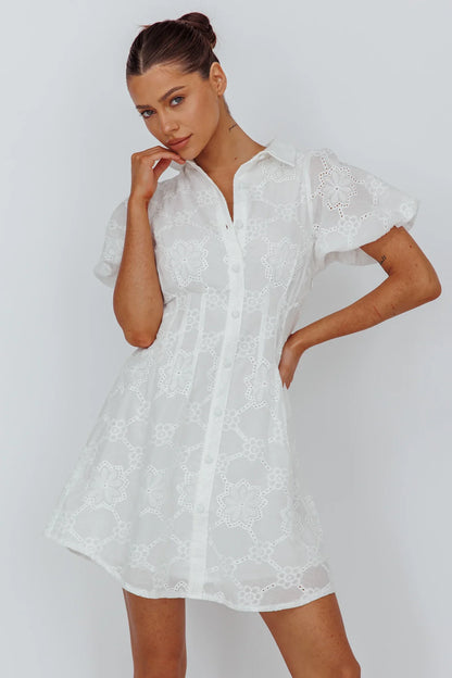 White Mini Shirt Dress with Eyelet Lace Puff Sleeve