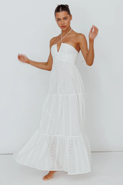 White Maxi Dress with Halter Eyelet Tiered