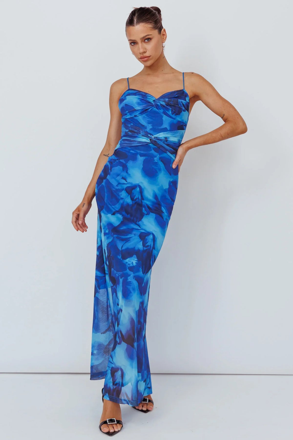 Blue Floral Maxi Dress with Twist Front Cami Strap
