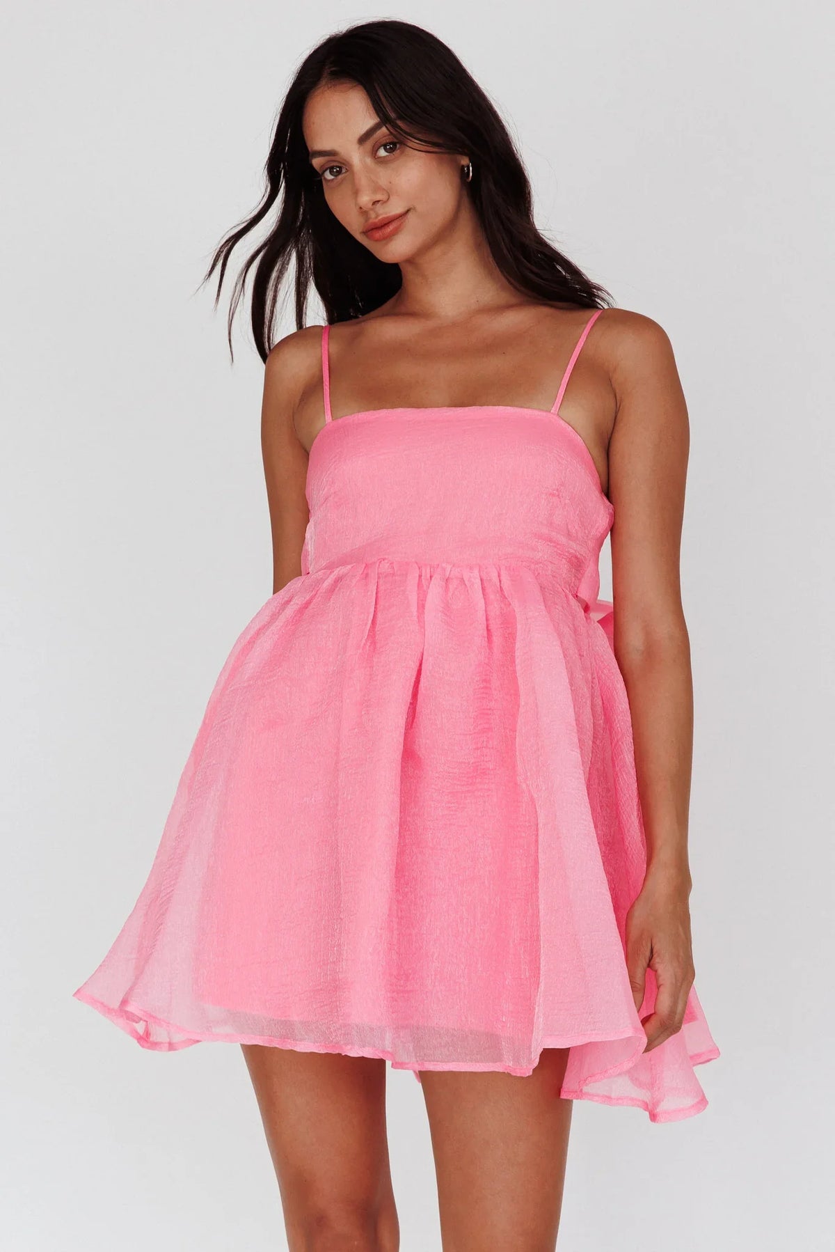 Pop Pink Babydoll Mini Dress with Bow Back Detail