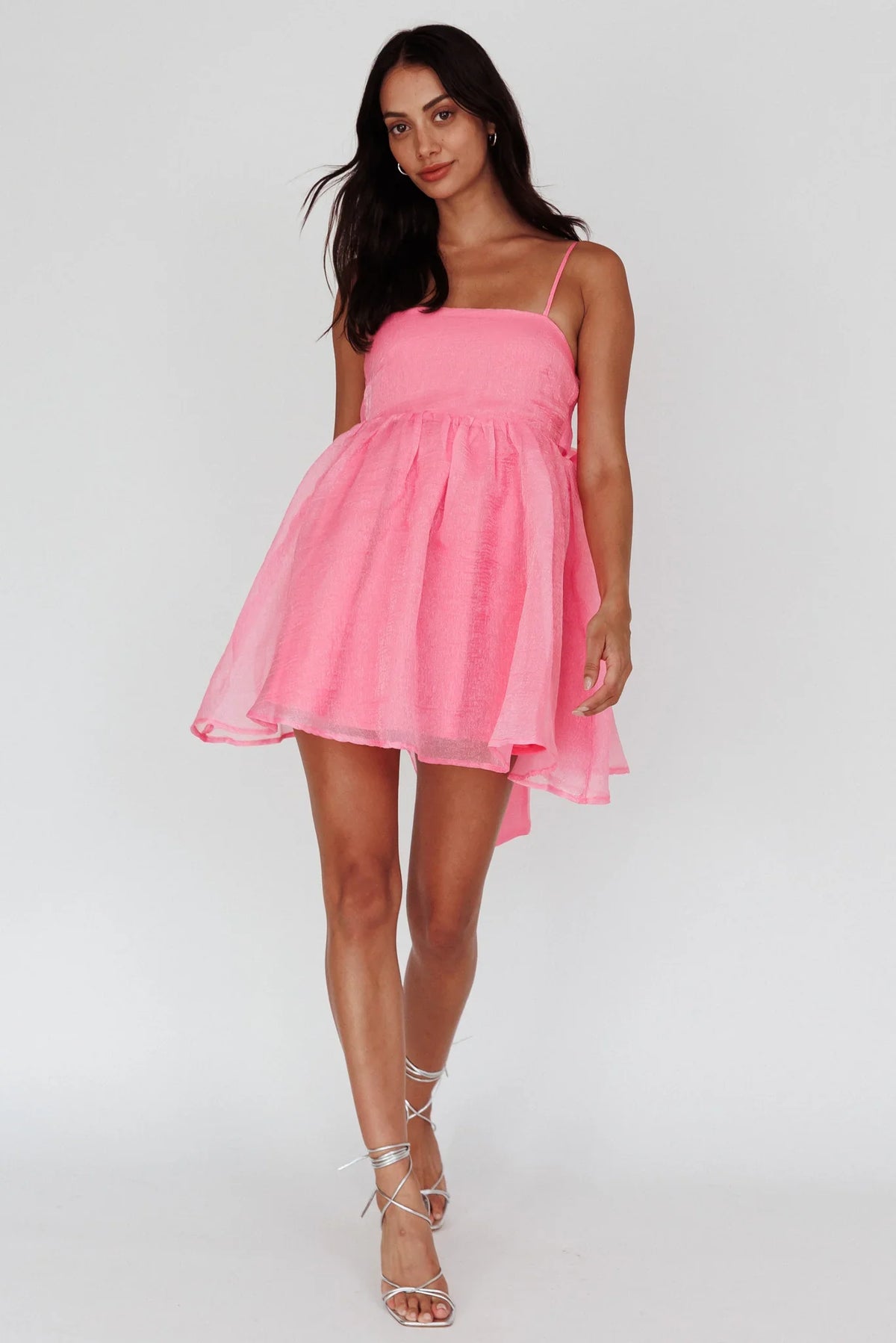 Pop Pink Babydoll Mini Dress with Bow Back Detail