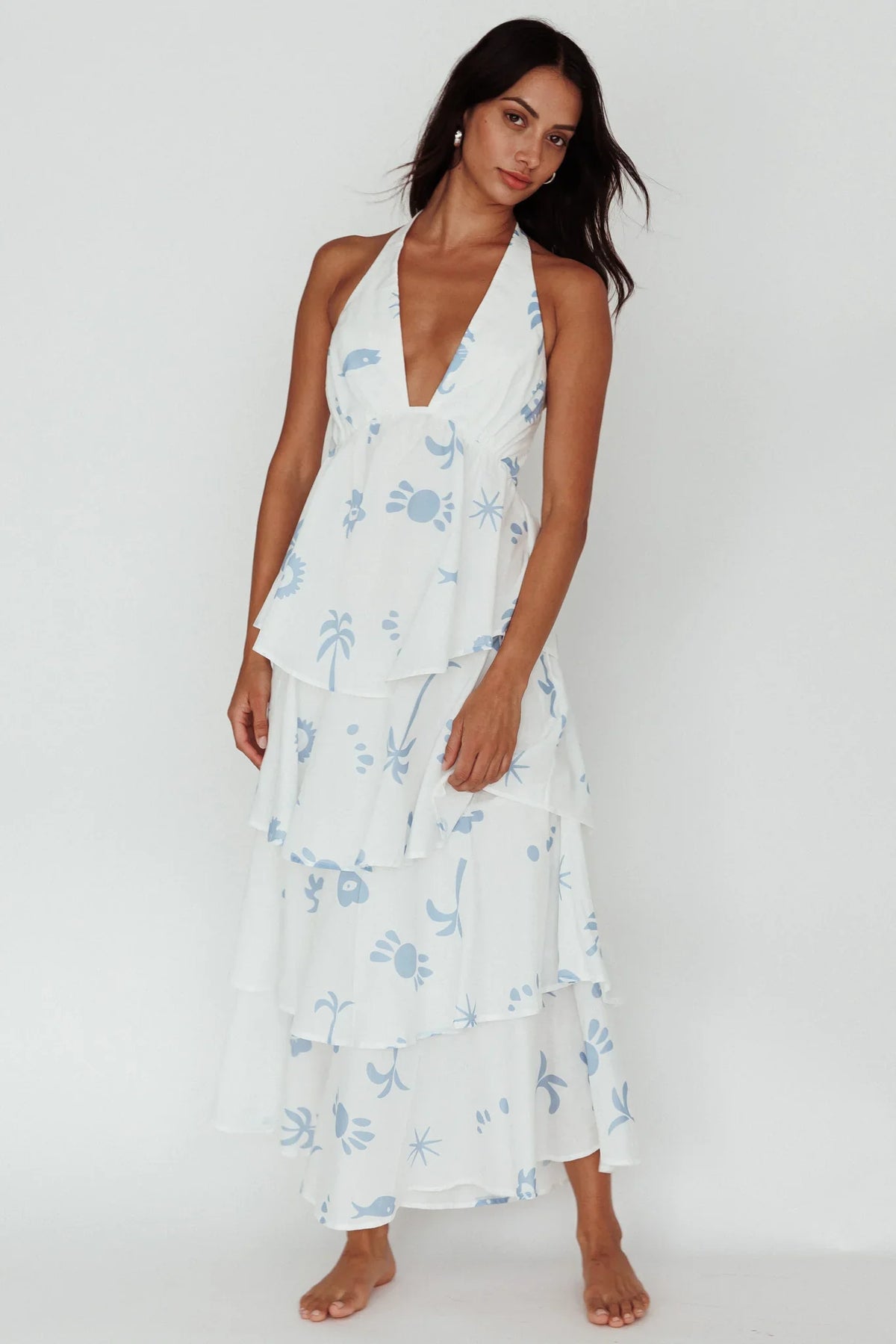 White Blue Print Maxi Dress with Halter Tiered Ruffle