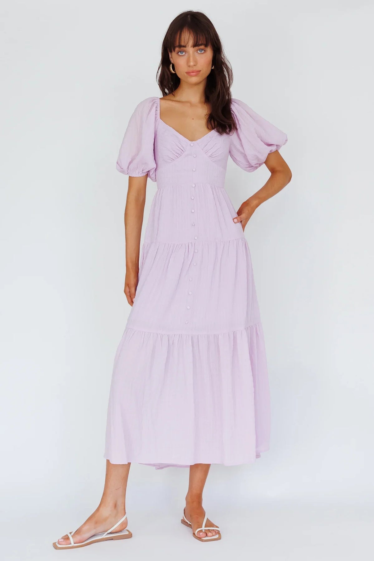 Lilac Midi Dress with Puff Sleeve Button Front
