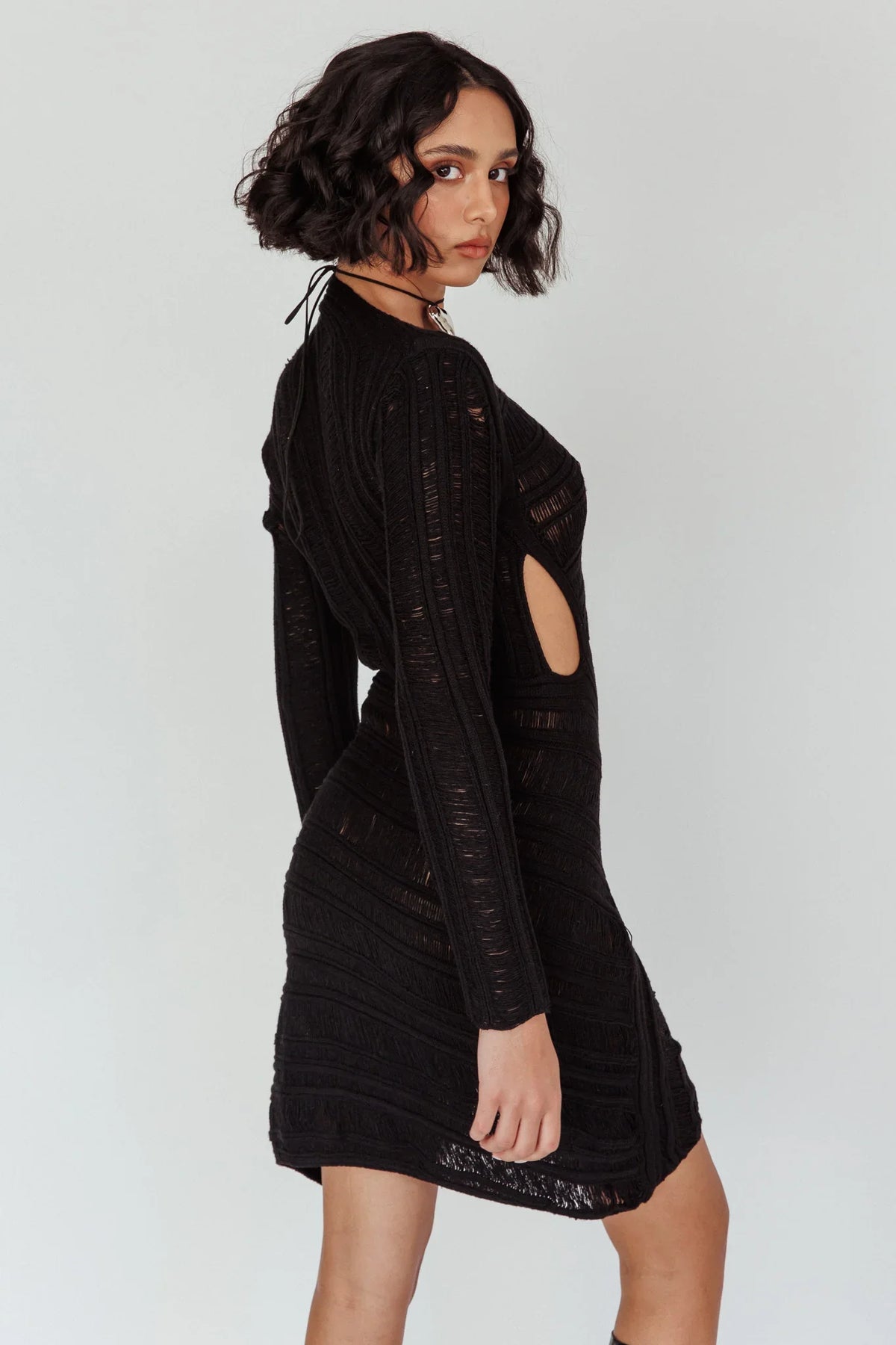 Black Mini Dress with Long Sleeve Crochet Cutout