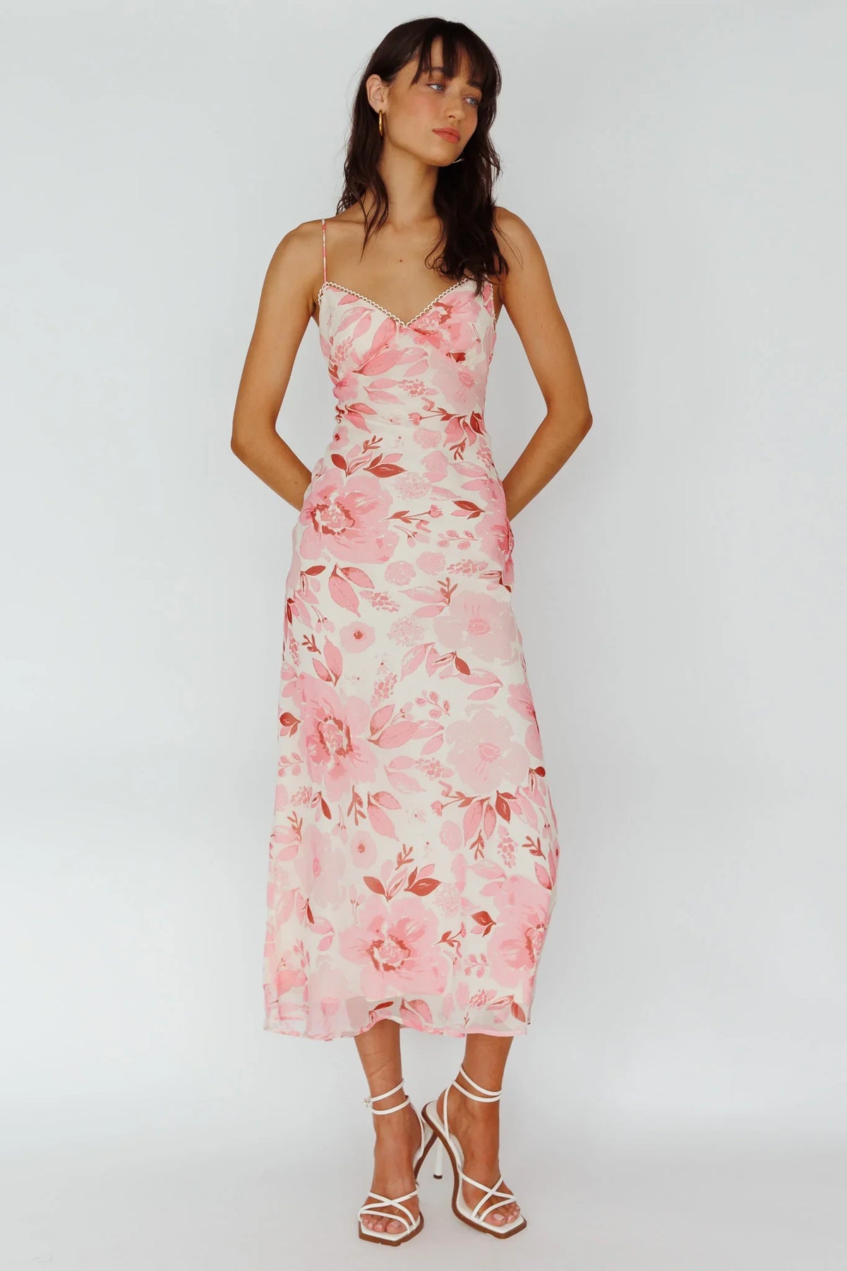 Pink Floral Midi Dress with Cami Strap V-Neck