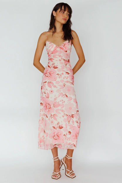Pink Floral Midi Dress with Cami Strap V-Neck