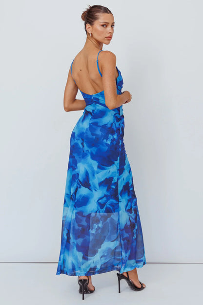 Blue Floral Maxi Dress with Twist Front Cami Strap
