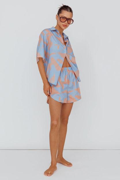 Blue Print Shorts with Elastic Waist