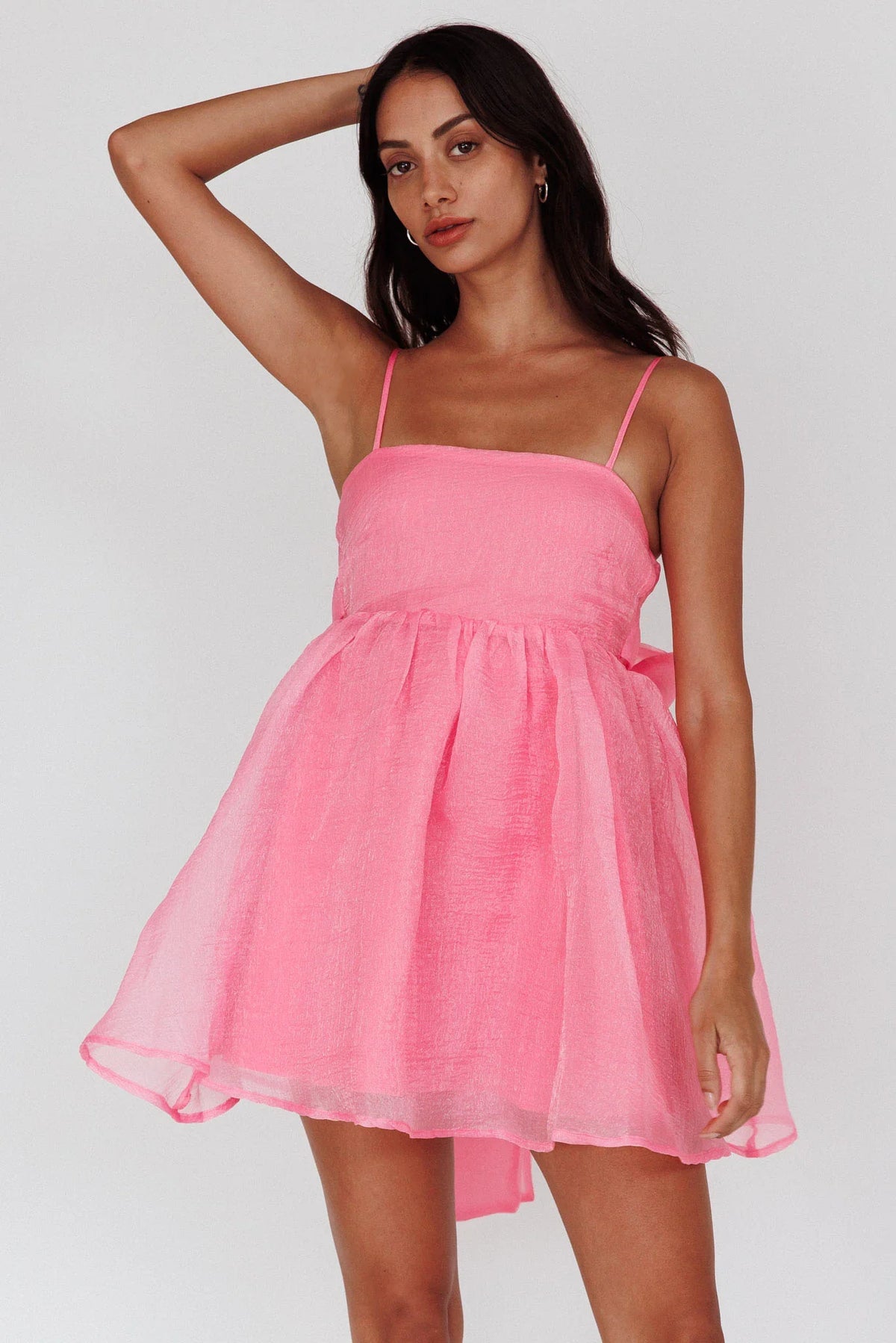 Pop Pink Babydoll Mini Dress with Bow Back Detail