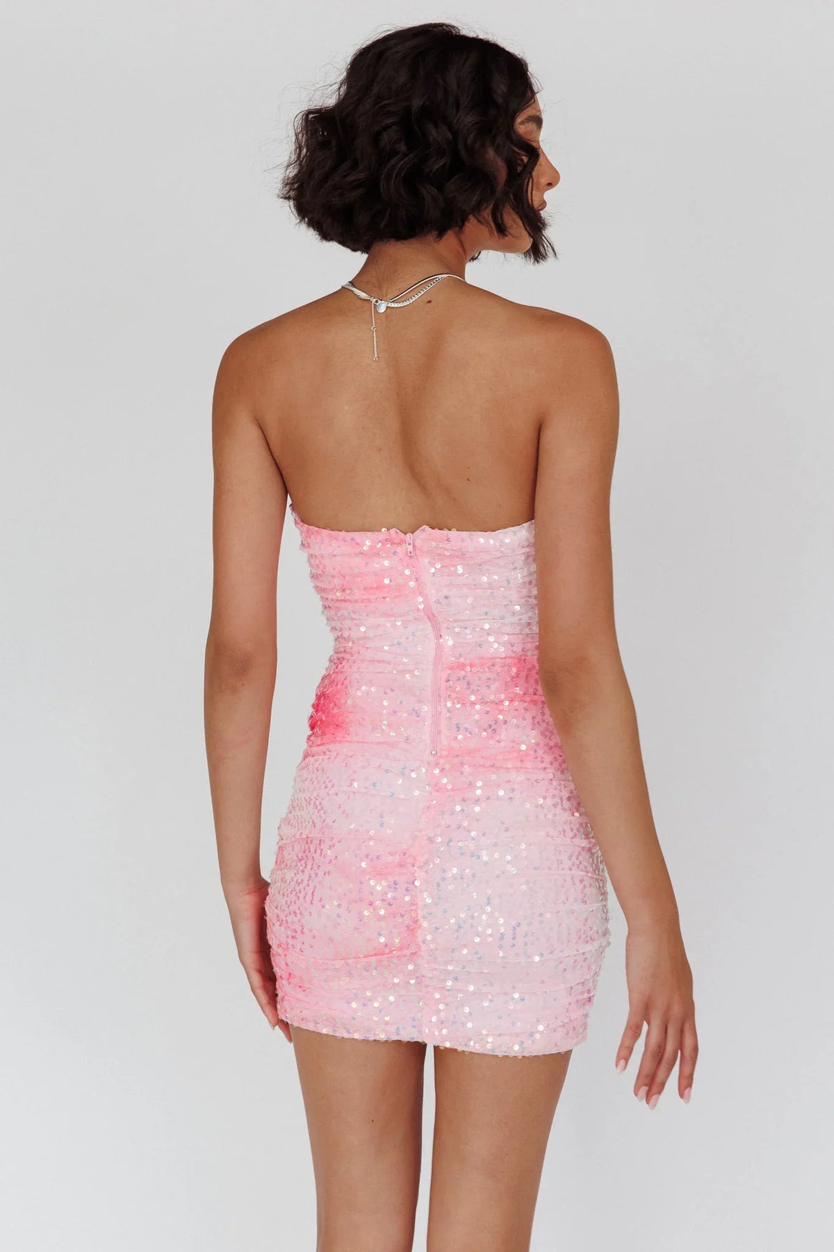 Pink Mini Dress with Strapless Ruched Sequin