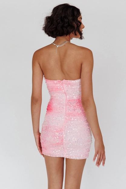 Pink Mini Dress with Strapless Ruched Sequin