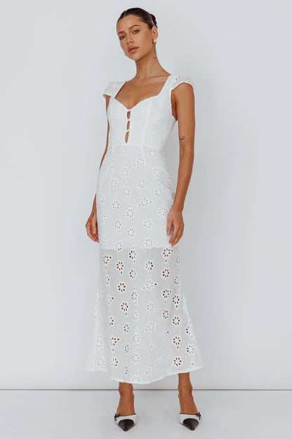 White Midi Dress with Eyelet Cap Sleeve Sweetheart