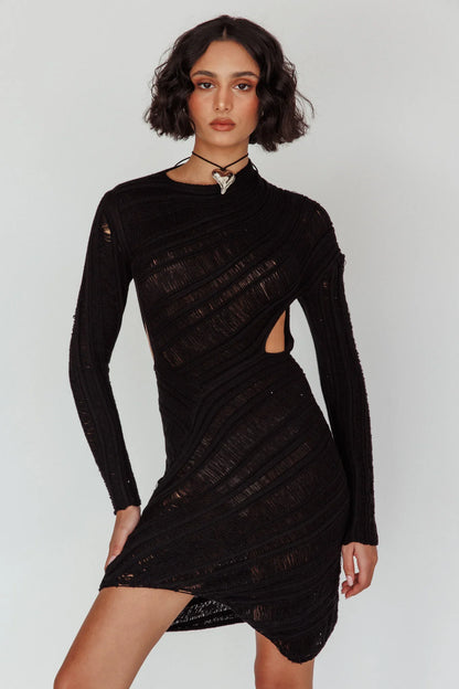 Black Mini Dress with Long Sleeve Crochet Cutout