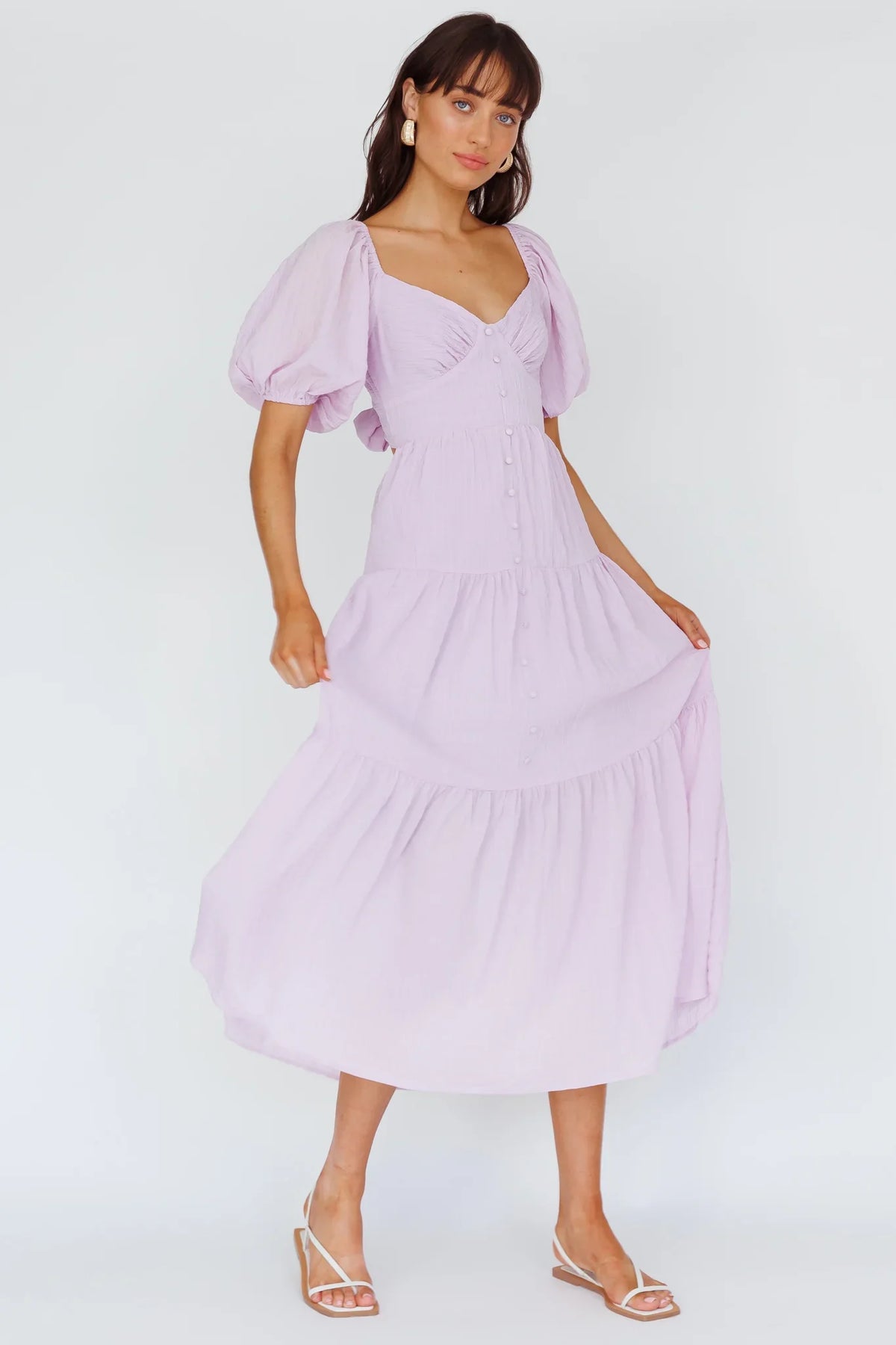 Lilac Midi Dress with Puff Sleeve Button Front
