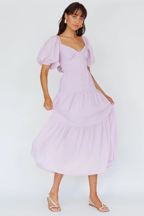 Lilac Midi Dress with Puff Sleeve Button Front