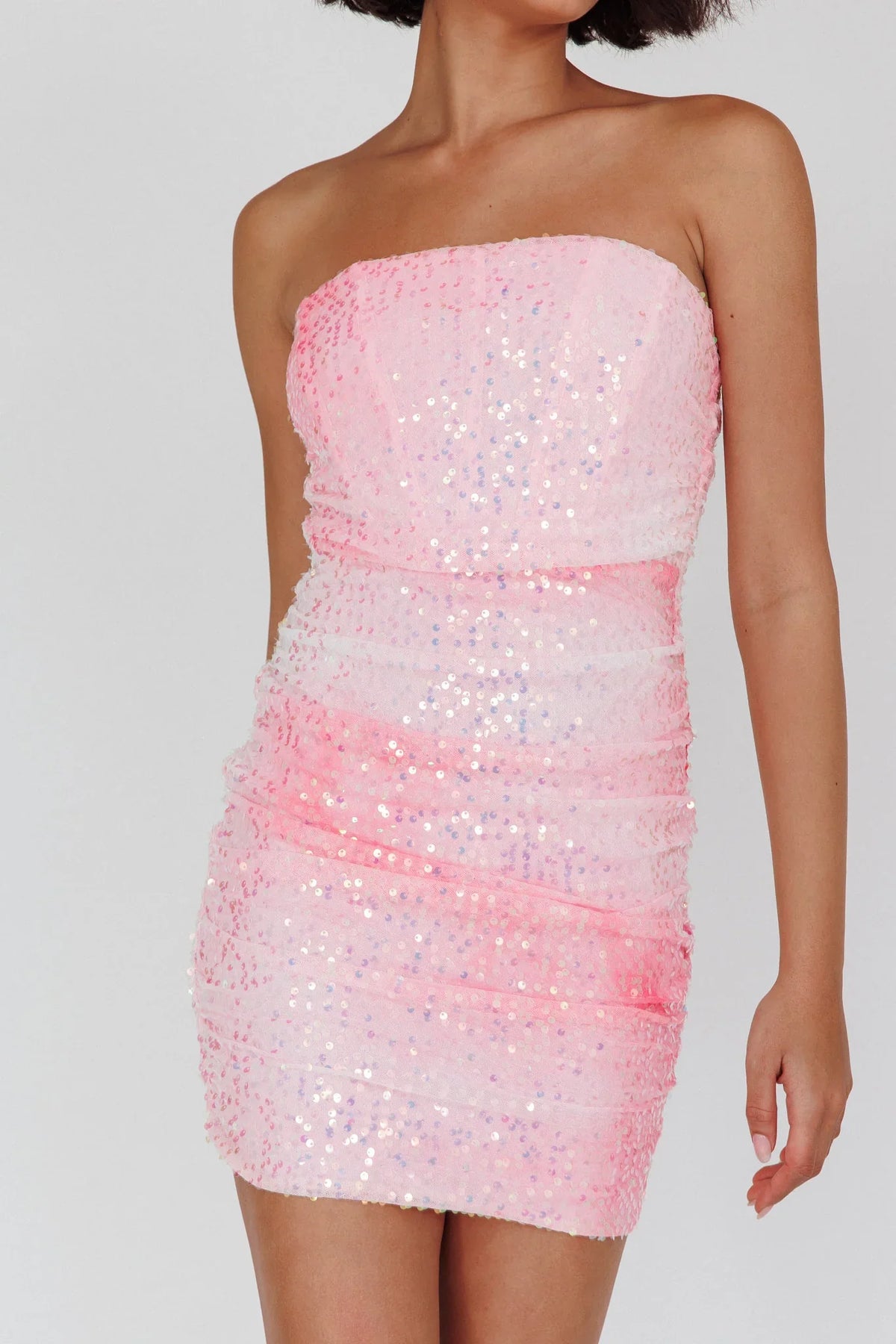 Pink Mini Dress with Strapless Ruched Sequin