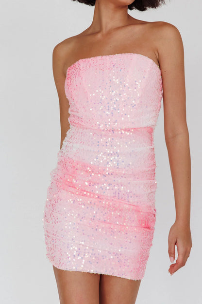 Pink Mini Dress with Strapless Ruched Sequin