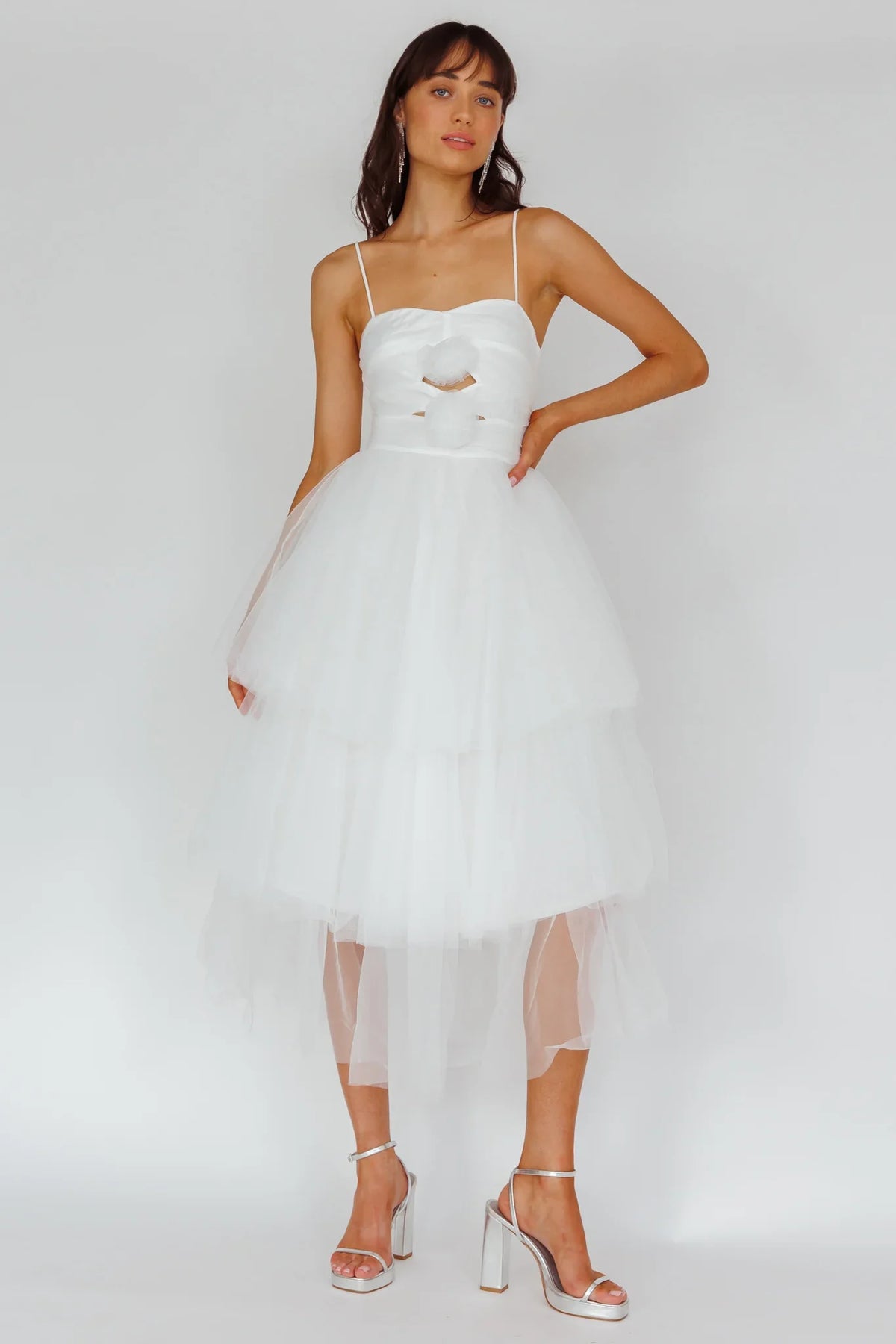 White Midi Dress with Rosette Cutout Tiered Tulle