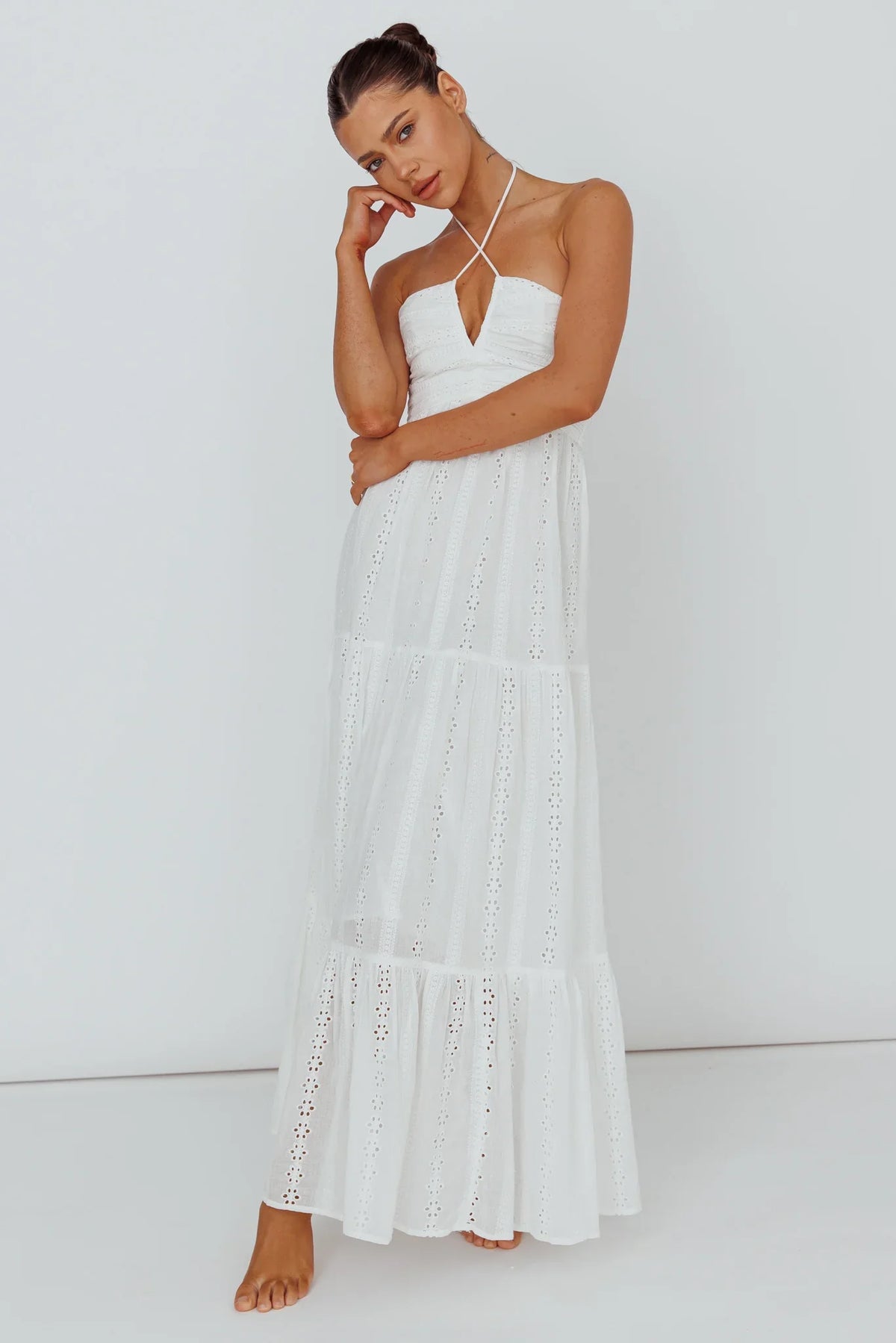 White Maxi Dress with Halter Eyelet Tiered