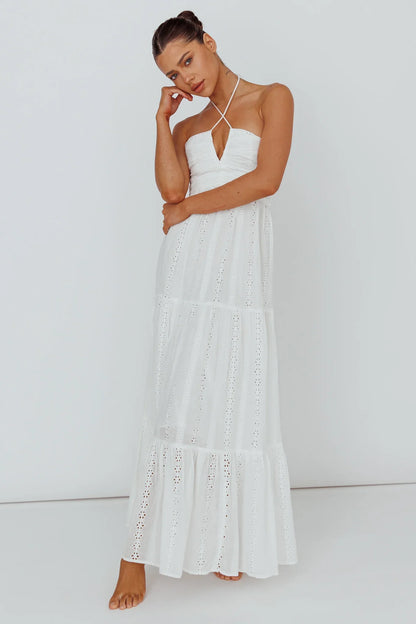 White Maxi Dress with Halter Eyelet Tiered
