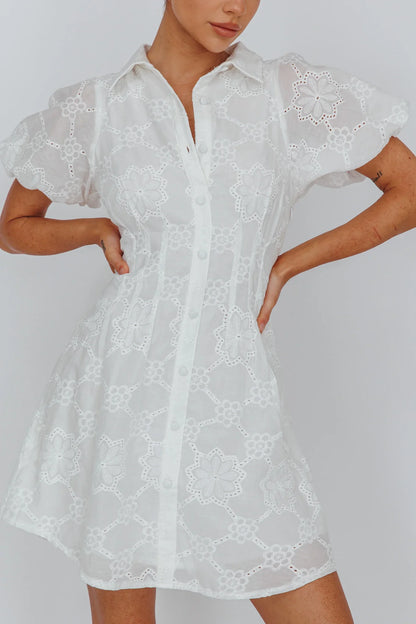 White Mini Shirt Dress with Eyelet Lace Puff Sleeve