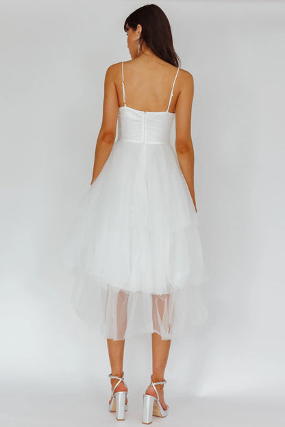 White Midi Dress with Rosette Cutout Tiered Tulle