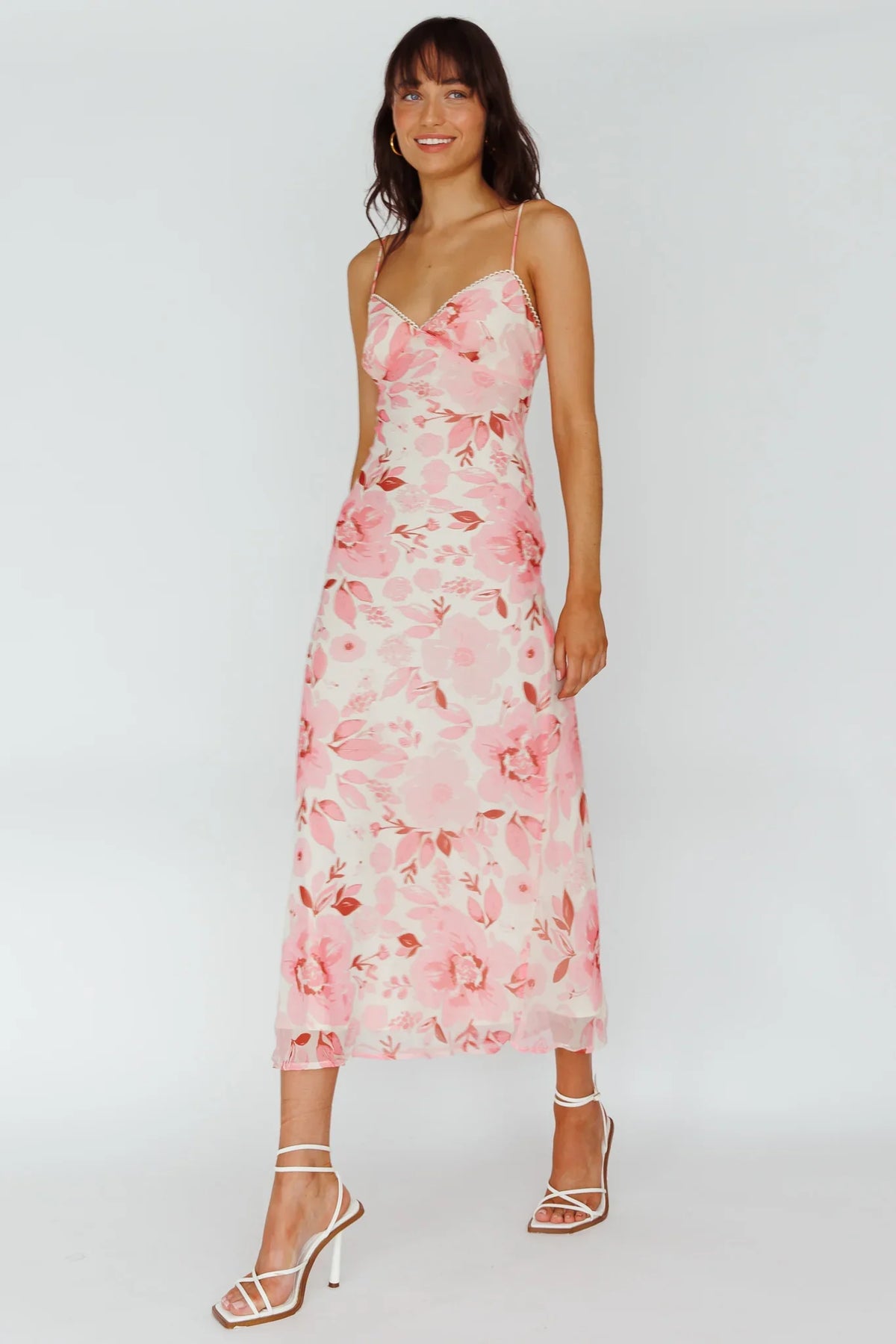 Pink Floral Midi Dress with Cami Strap V-Neck
