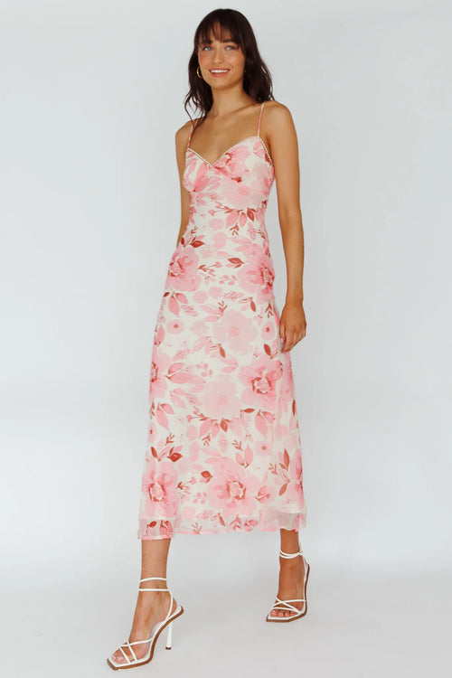 Pink Floral Midi Dress with Cami Strap V-Neck