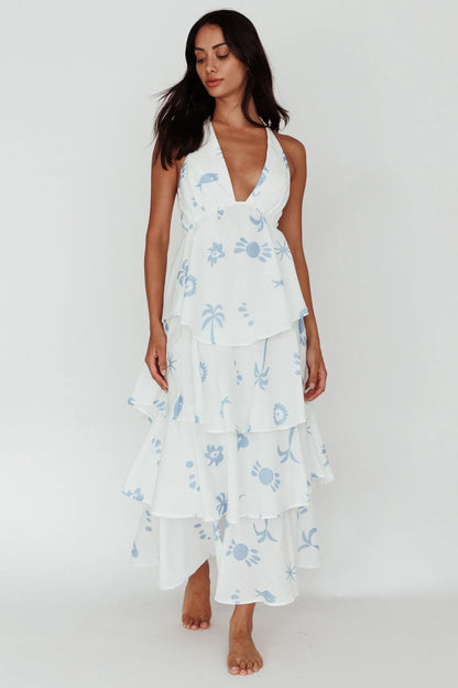 White Blue Print Maxi Dress with Halter Tiered Ruffle