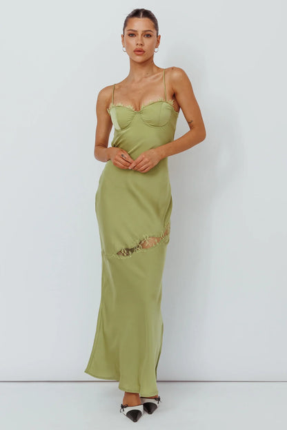 Lime Midi Dress with Bustier Lace Trim