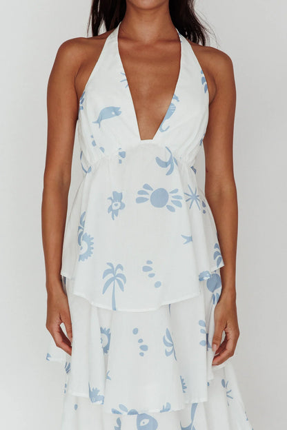 White Blue Print Maxi Dress with Halter Tiered Ruffle