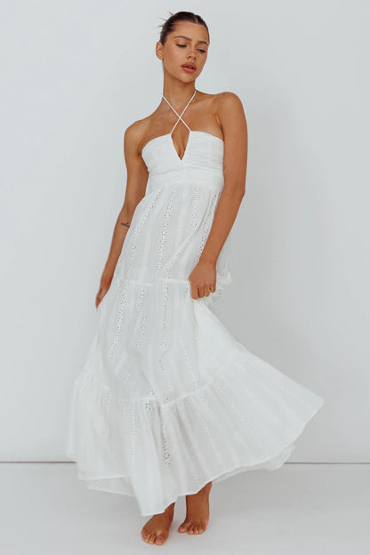 White Maxi Dress with Halter Eyelet Tiered