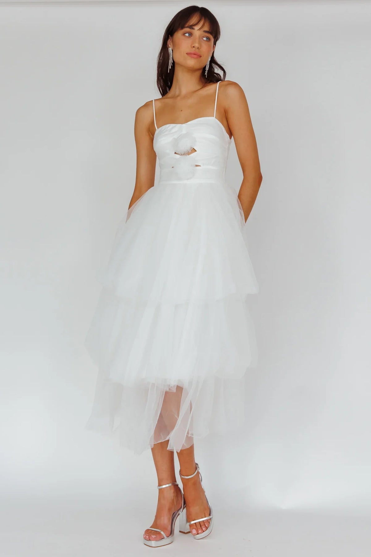 White Midi Dress with Rosette Cutout Tiered Tulle